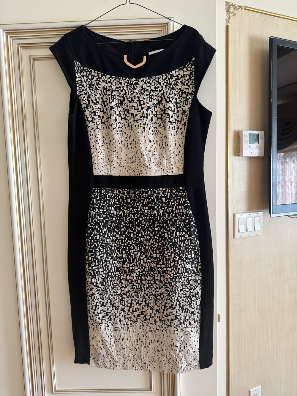 Joseph Ribkoff Black and Cream Pixel-Print Sheath Dress